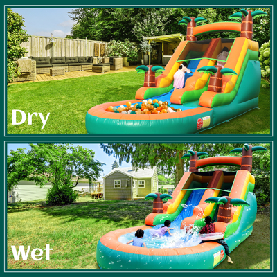 Komersial Air Kering dan Basah Slide Inflatable Tropical Fiesta Breeze Kids Air Slide Inflatable dengan kolam renang