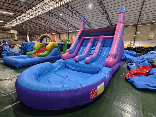 Slide Air Inflatable Komersial Populer Garis Dua Dengan Slide Air Kolam Air Inflatable Untuk Anak-anak Dan Dewasa