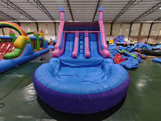 Slide Air Inflatable Komersial Populer Garis Dua Dengan Slide Air Kolam Air Inflatable Untuk Anak-anak Dan Dewasa
