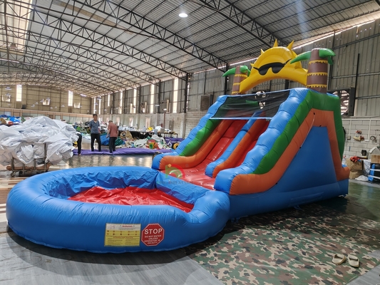 Dewasa Anak-anak Slide Air Kelas Komersial Full PVC Double Lane Slide Air Inflatable Dengan Kolam Air Splash
