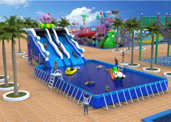 Taman air tiup hiu kolam renang besar dengan seluncuran air
