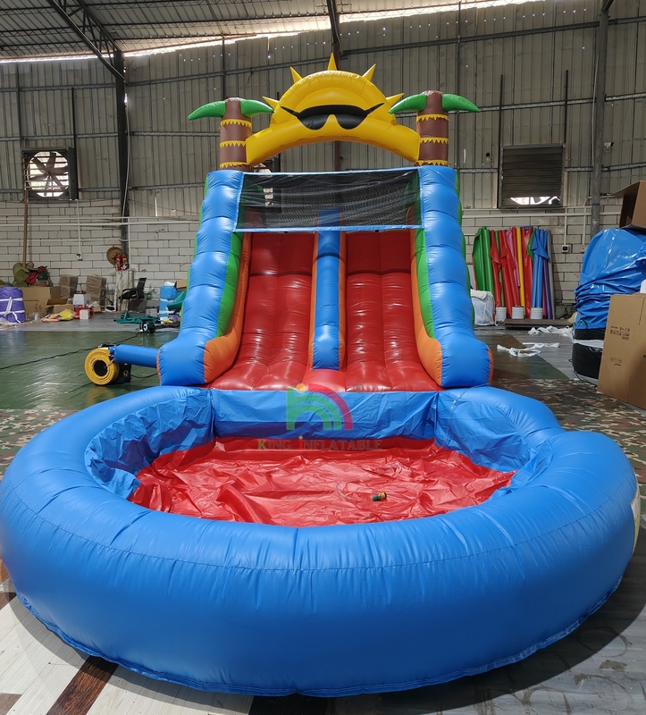 Dewasa Anak-anak Slide Air Kelas Komersial Full PVC Double Lane Slide Air Inflatable Dengan Kolam Air Splash